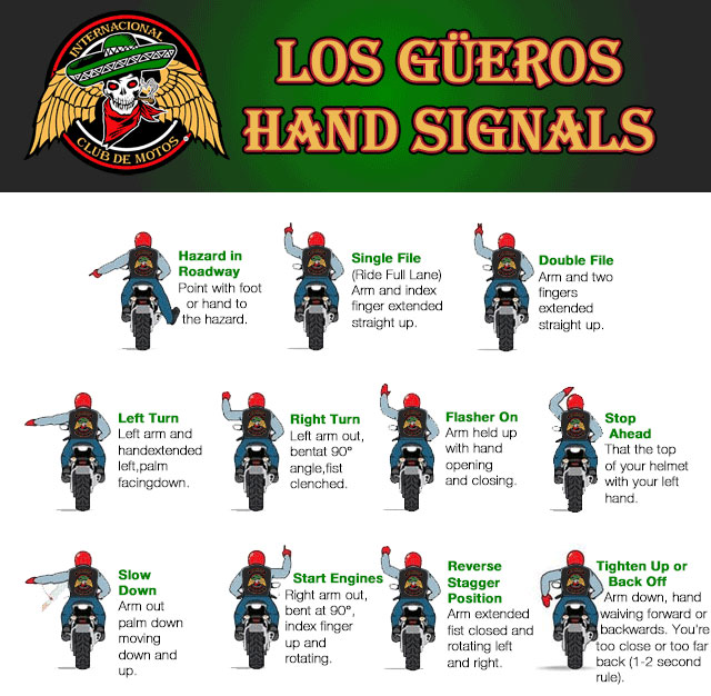 Los Güeros hand signals chart showing hazard, single and double file, turns, flasher, stop ahead, slow down, start engines, reverse stagger, and tighten up signals